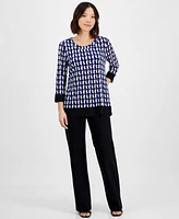 Ak Anne Klein Petite 3/4-Sleeve Solid-Trim Printed Tunic