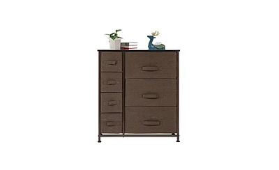 Slickblue 7-Drawer Dresser Storage Tower Unit with Steel Frame and Wood Top for Bedroom, Hallway, Closet, or Office, Brown Fabric Bins