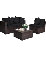Sugift 4 Pieces Ottoman Garden Patio Rattan Wicker Furniture Set with Cushion-Black