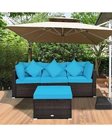 Sugift 4 Pcs Ottoman Garden Deck Patio Rattan Wicker Furniture Set Cushioned Sofa-Turquoise