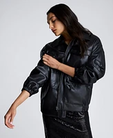 Kenneth Cole Women's Faux-Leather Shirt-Collar Utility Bomber Jacket