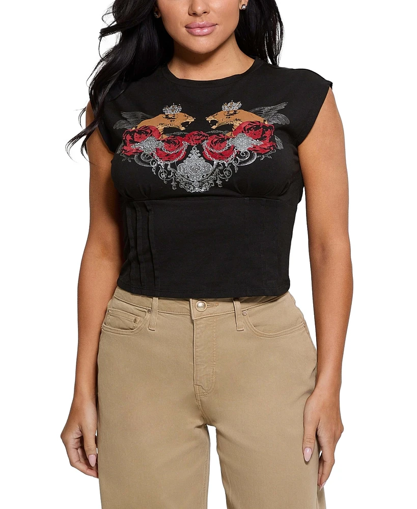 Guess Women's Twin Lioness Graphic Corset T-Shirt