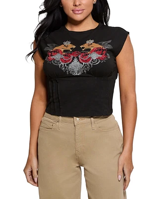 Guess Women's Twin Lioness Graphic Corset T-Shirt