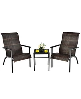 Sugift 3 Pieces Patio Rattan Bistro Set with High Backrest and Armrest