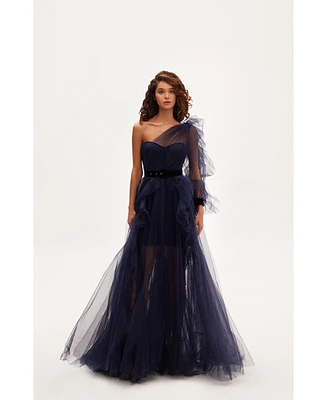 Milla Women's Royal Navy Tulle Gown With Detachable Sleeve