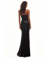 Milla Women's Sensational Black Maxi On Spaghetti Straps Covered In Sequins, Smoky Quartz