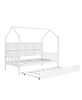 Slickblue Wooden Twin Size House Bed with Trundle and Shelf for Kids