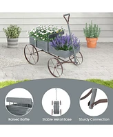 Sugift Wooden Wagon Plant Bed with Metal Wheels for Garden Yard Patio-Gray