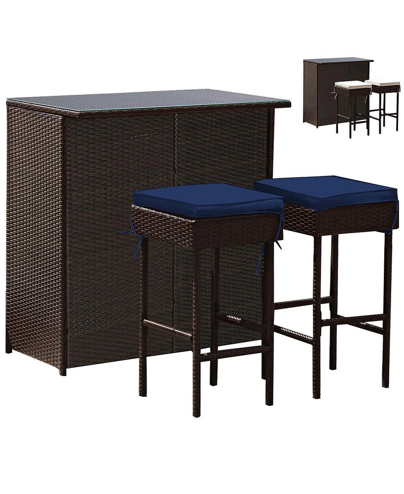 Sugift 3 Pieces Patio Rattan Wicker Bar Table Stools Dining Set-Navy & Off White