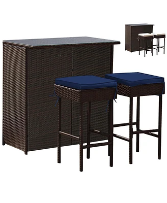 Sugift 3 Pieces Patio Rattan Wicker Bar Table Stools Dining Set-Navy & Off White