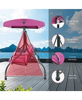 Sugift 3 Seat Outdoor Porch Swing with Adjustable Canopy-Wine
