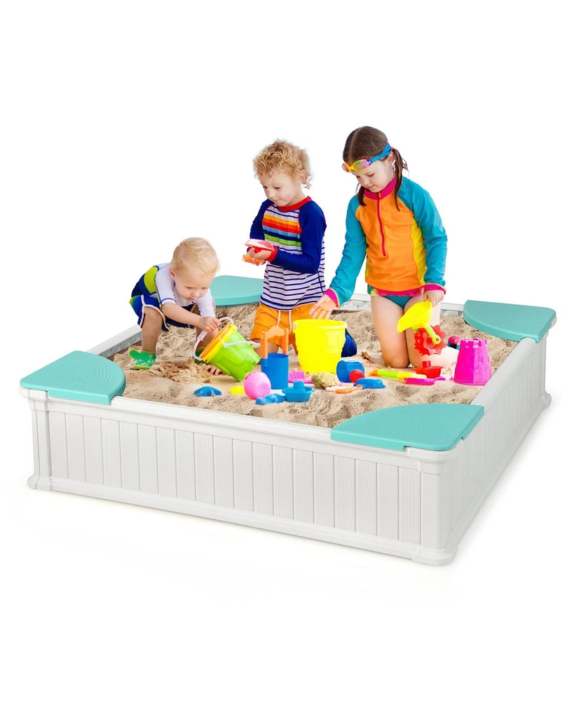 Sugift Kids Outdoor Sandbox with Oxford Cover and 4 Corner Seats-White