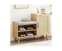 gaomon Rattan Shoe Storage Bench, Modern Shoe Storage Cabinet with Cushion and Adjustable Shelves, Narrow Shoe Organizer with Cabinet for Entryway, Ha