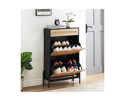 gaomon Natural Rattan Shoe Cabinet with 2 Flip Door and 1 Drawer, Freestanding Shoe Storage Organizer