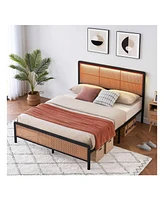 gaomon Rattan Bed Frame With Headboard And Footboard, Heavy Duty Metal Platform Storage, Easy Assembly, No Box Spring Needed