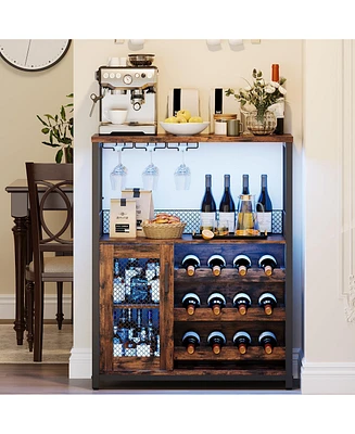 gaomon 3-Tier Wine Bar Cabinet with Led Lights, Detachable Wine Rack and Storage Space,Retro