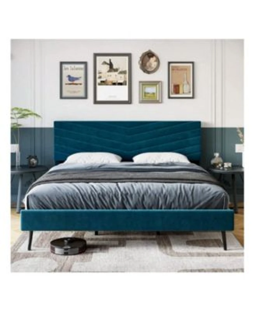Gaomon Full Queen King Size Upholstered Bed Frame Velvet Bed Frame Queen With Adjustable Headboard Platform Bed Frame Headboard Noise Free No Box Spring Needed Beige Blue