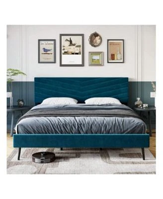 Gaomon Full Queen King Size Upholstered Bed Frame Velvet Bed Frame Queen With Adjustable Headboard Platform Bed Frame Headboard Noise Free No Box Spring Needed Beige Blue