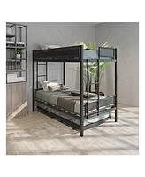 gaomon Twin Over Twin Bunk Bed With Trundle, Wood Slats, 2 Side Ladders, Guardrail Metal Bed Frame, No Spring Box Needed Sturdy Metal Frame For Bedroo