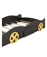 gaomon Full Size Platform Bed, Solid Wood Race Car-Shaped Bed Frame With Wheels And Storage Space For Boys Girls Teens Bedroom, No Box Spring Needed