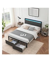 gaomon Bed Frame With 2 Storage Drawers, Bed Frame With Led Lights Headboard, Upholstered Platform Bed No Box Spring Needed, Easy Assembly