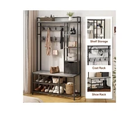 gaomon 5-in-1 Coat Rack, Hall Tree with Bench and Shoe Storage, Freestanding Entryway Bench with 5-Tier Open Shelves, Fabric Storage Basket and 12 Hoo