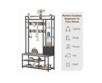 gaomon 5-in-1 Coat Rack, Hall Tree with Bench and Shoe Storage, Freestanding Entryway Bench with 5-Tier Open Shelves, Fabric Storage Basket and 12 Hoo