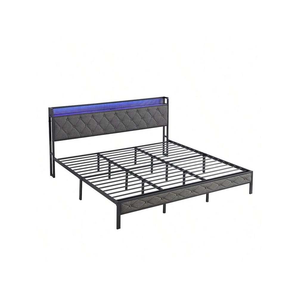 gaomon Full Size Bed With Storage Headboard, Charging Station And Led Lights, Upholstered Platform Bed Frame With Metal Slats, Noise Free