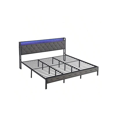 gaomon Full Size Bed With Storage Headboard, Charging Station And Led Lights, Upholstered Platform Bed Frame With Metal Slats, Noise Free, No Box Spri