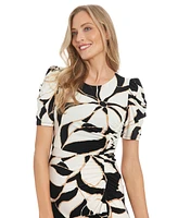 London Times Petite Printed Round-Neck Ruched A-Line Dress