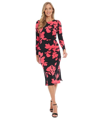 London Times Petite Floral Side-Ruched Long-Sleeve Midi Dress