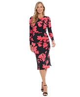 London Times Petite Floral Side-Ruched Long-Sleeve Midi Dress