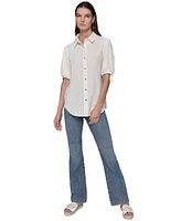 Karl Lagerfeld Paris Women's Linen-Blend Bungee-Sleeve Button-Front Top, Regular & Petite