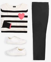 Jones New York Womens Striped Heart Boat Neck Sweater Stretch Twill Cropped Pull On Pants