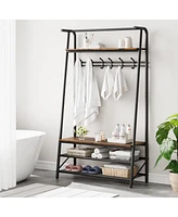 gaomon Industrial Rustic 4-in-1 Hall Tree Bench with Shoe Rack, Storage Shelf, and 5 C-Shaped Hooks in Brown & Black