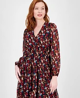 Robbie Bee Women's Printed V-Neck Long-Sleeve Dress