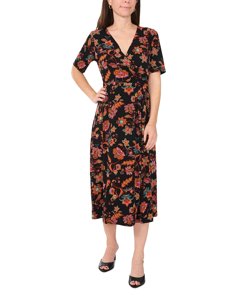 Msk Petite Printed Faux-Wrap Short-Sleeve Midi Dress