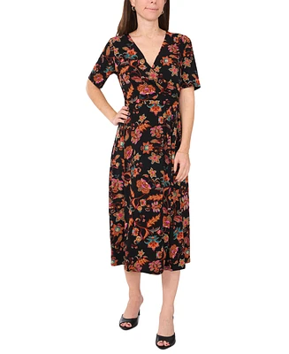 Msk Petite Printed Faux-Wrap Short-Sleeve Midi Dress