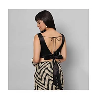 One Minute Saree Women's Maya Cream & Black Zigzag Georgette Ready to Wear Sari