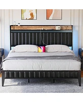 gaomon Full/Queen/King Size Bed Frame With Charging Station, Led Bed Frame With Storage Headboard, Upholstered Platform Bed Frame
