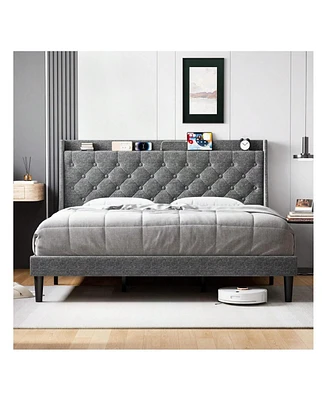 gaomon Queen/King Size Bed Frame With Upholstered Wingback Headboard, Luxurious Linen Upholstery Platform Bed With Charging Station, Button Tufted Des