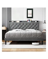 gaomon Queen/King Size Bed Frame With Upholstered Wingback Headboard, Luxurious Linen Upholstery Platform Bed With Charging Station