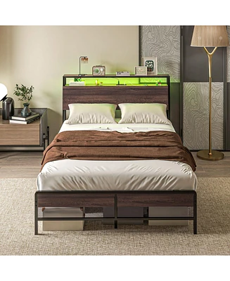 Homcom Full Bed Frame with Headboard, Led Lights, Charging Station,