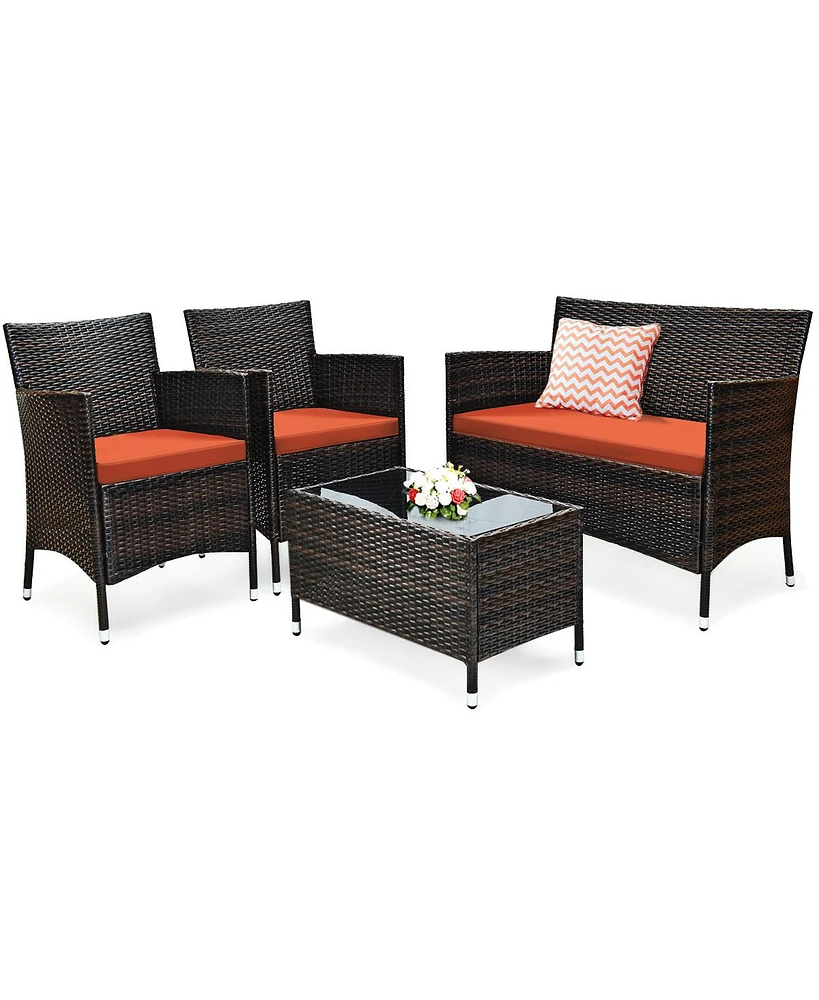 Sugift 4 Pieces Comfortable Outdoor Rattan Sofa Set with Glass Coffee Table