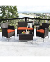 Sugift 4 Pieces Comfortable Outdoor Rattan Sofa Set with Glass Coffee Table