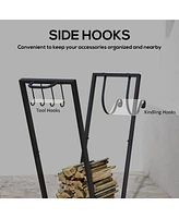 Outsunny 31" Outdoor Firewood Rack, Metal Log Holder with Wheels Hooks