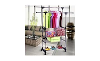 Slickblue 3-Tier Stainless Steel Clothing and Shoe Rack with Dual Bars Horizontal & Vertical Telescope Style