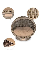 The Licker Store Socket Dome 19.5" x 17" Bohemian Handwoven Rattan Cat Bed with Machine-Washable Cushion
