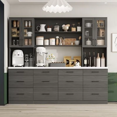 Famapy Grey Kitchen Cabinet With Glass Doors With 12 Drawers Pantry Storage Cabinet With Shelves