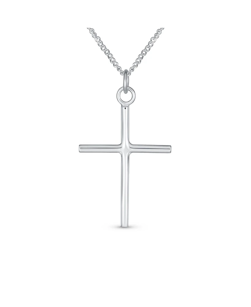 Bling Jewelry Minimalist Delicate Medium Tube Simple Religious Cross Pendant Necklace For Women Polished .925 Sterling Silver